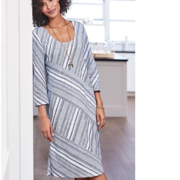 Nwot Soft Surroundings Sonya Linen Dress Striped Pockets  L - Picture 5 of 15